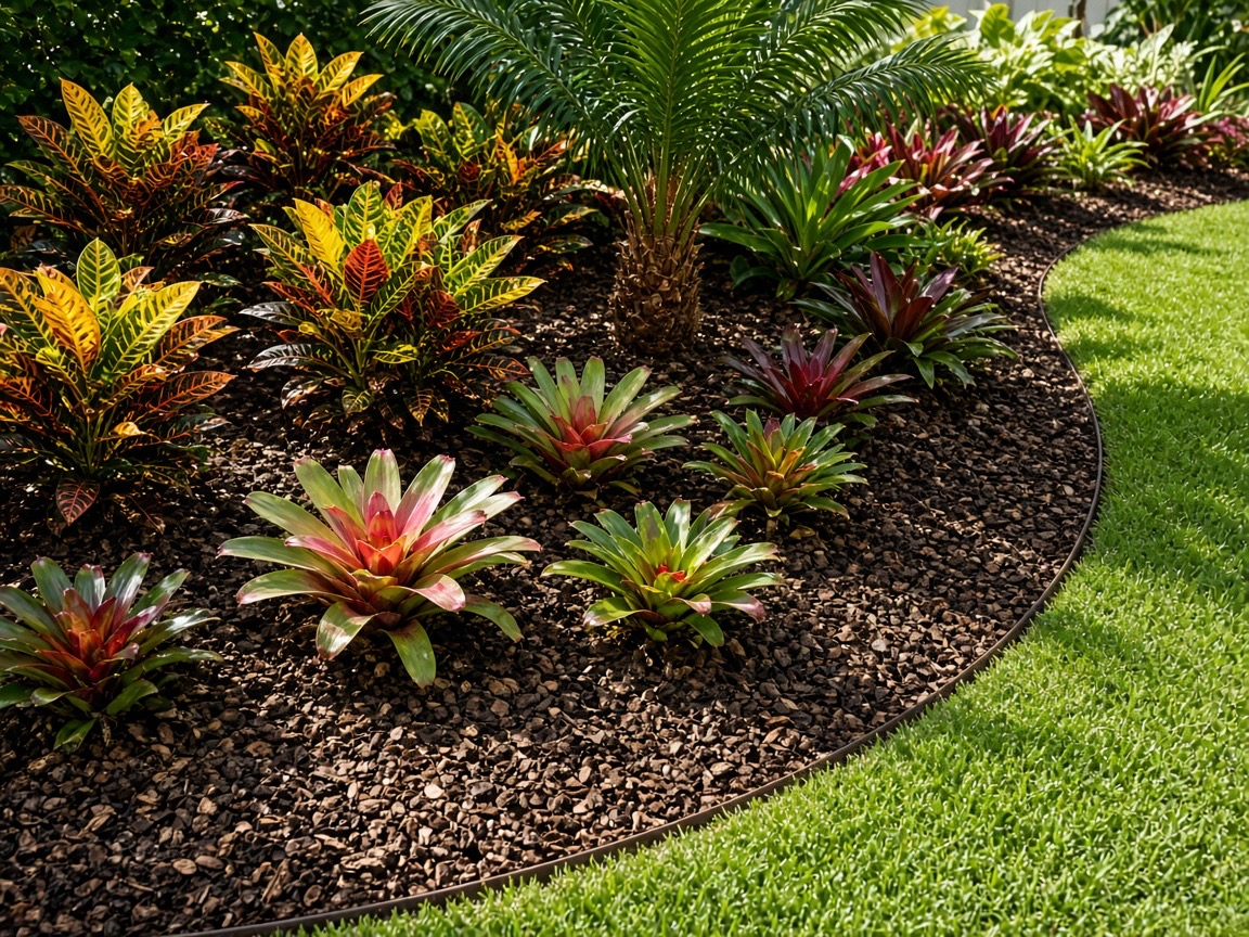 Mulched bed of crotons and bromeliads beside a lawn