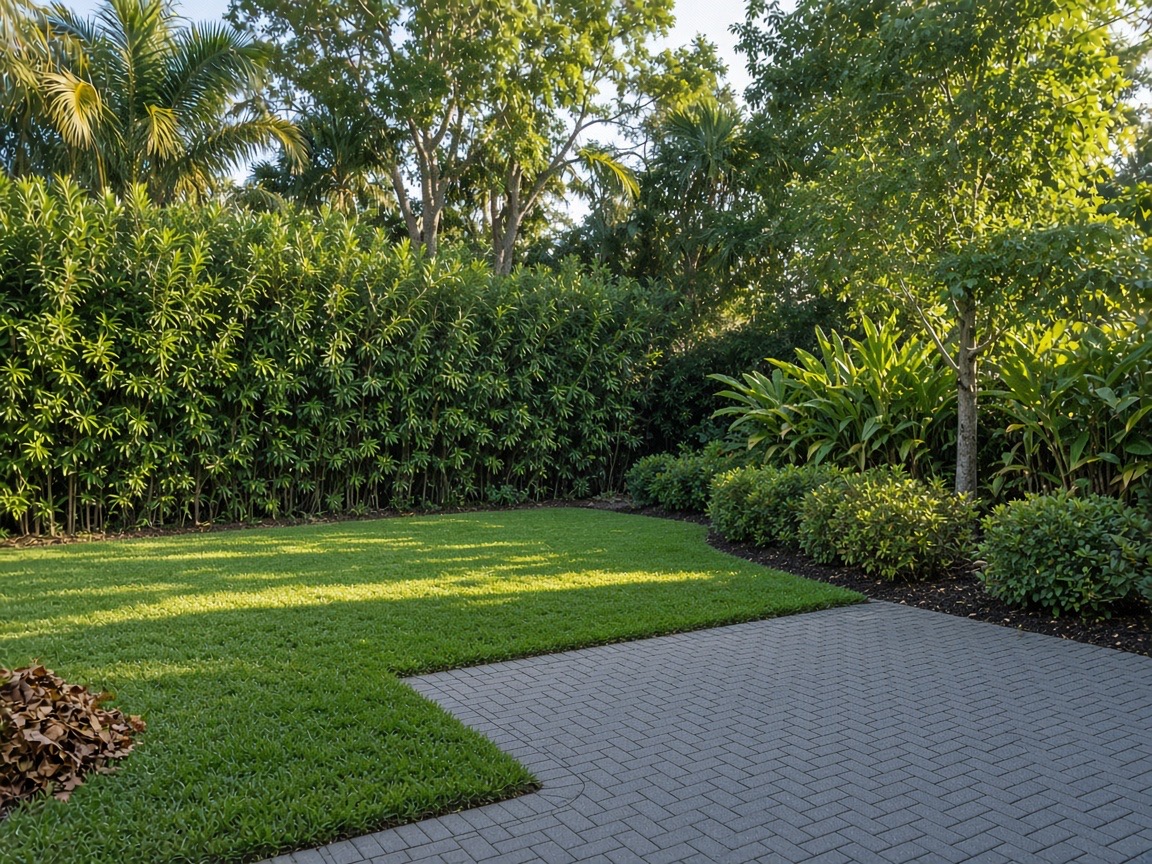 A cleared backyard lawn, hedge, and swept paver patio