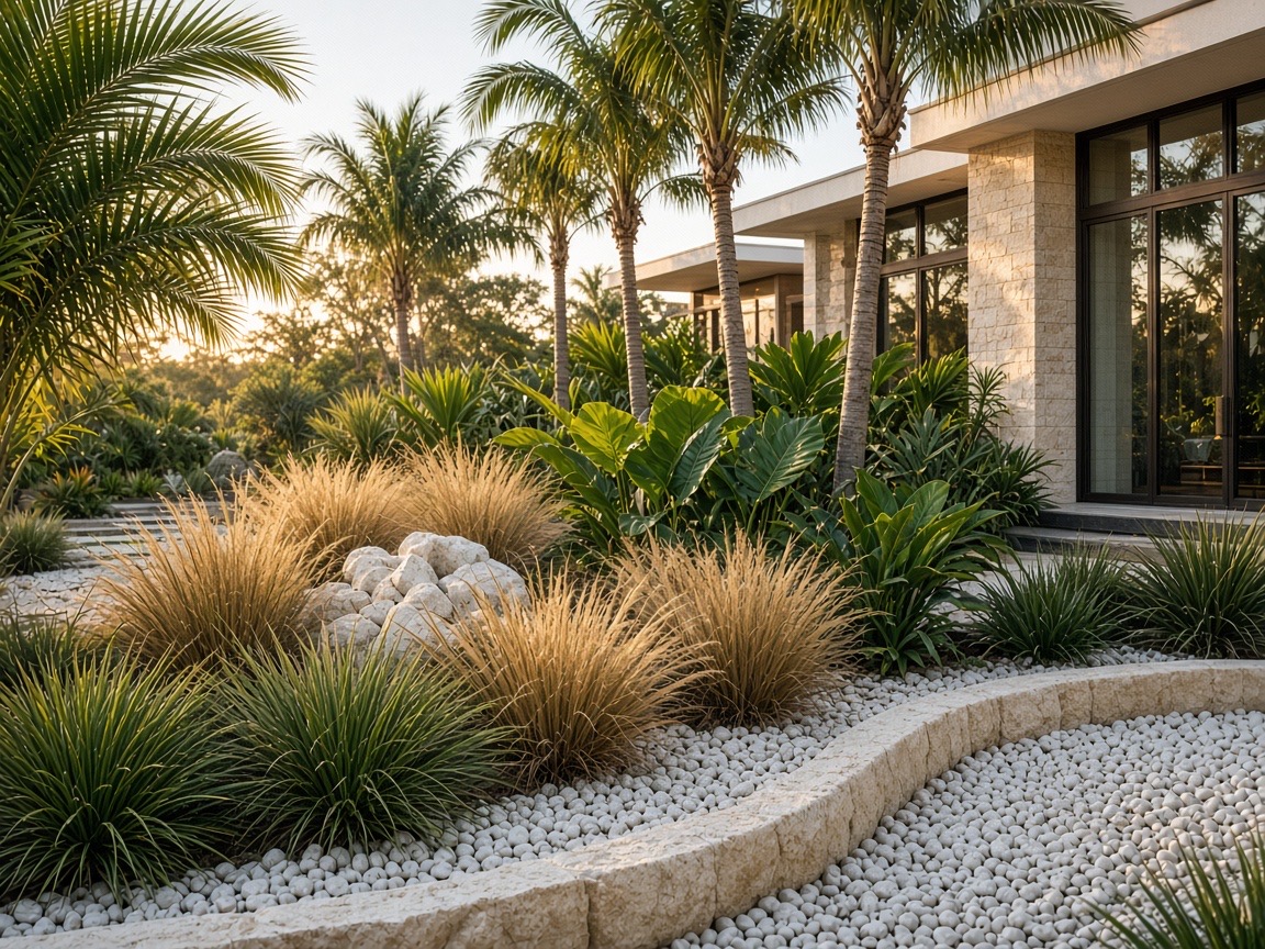 Layered tropical planting, river rock, and palms beside a modern home