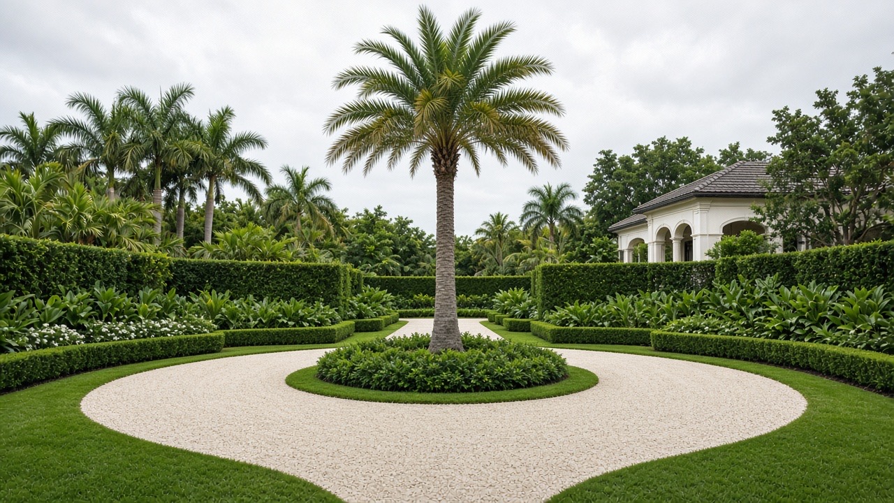 Formal palm court with clipped hedges and a gravel circle