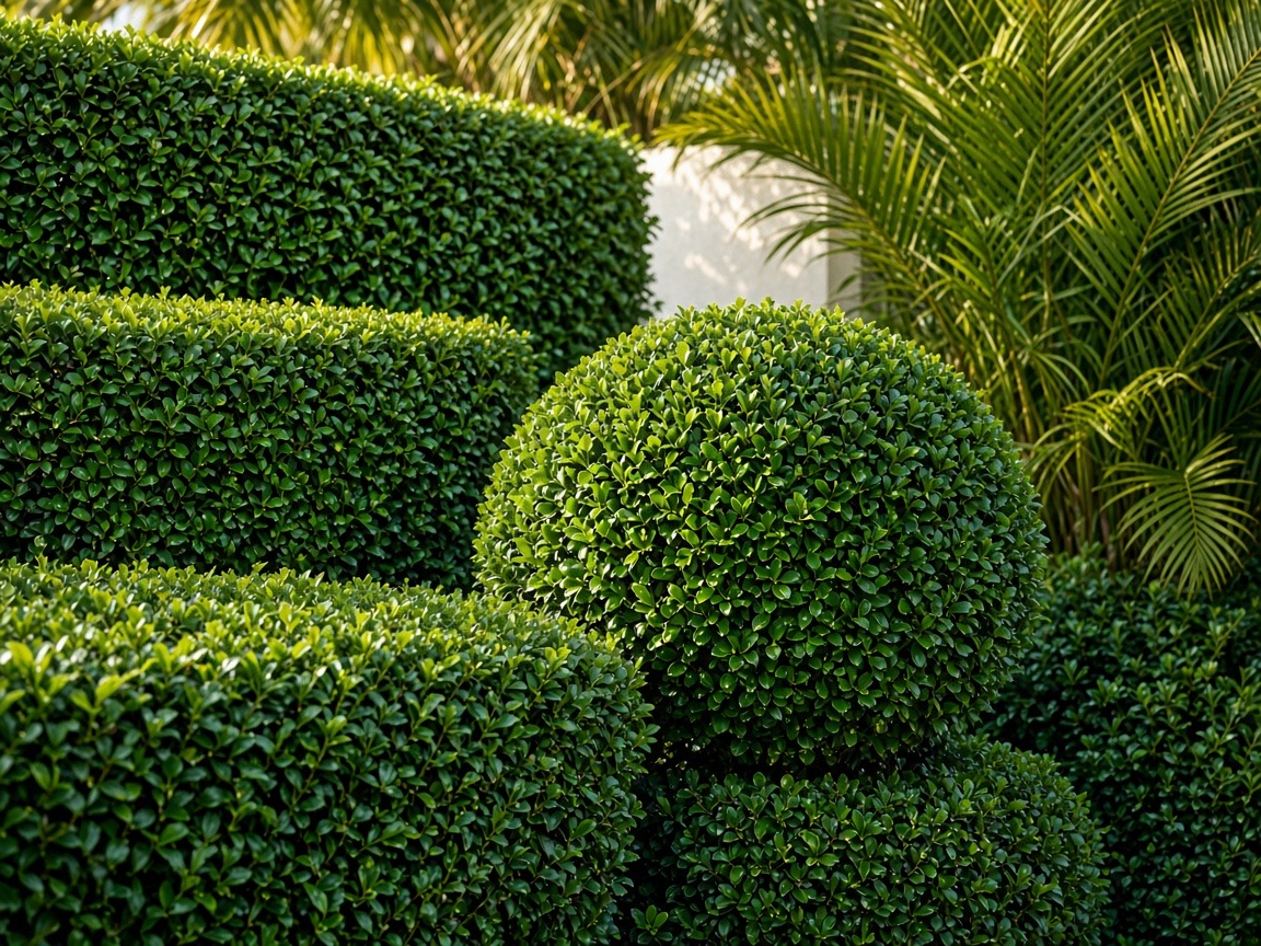 Tightly clipped hedges and a rounded topiary