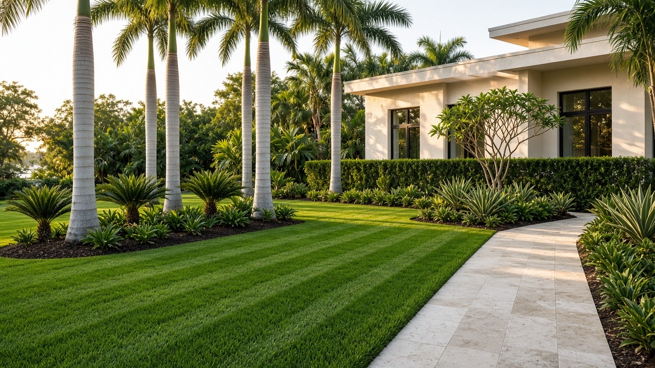 Striped lawn, royal palms, and a limestone walk in front of a South Florida home