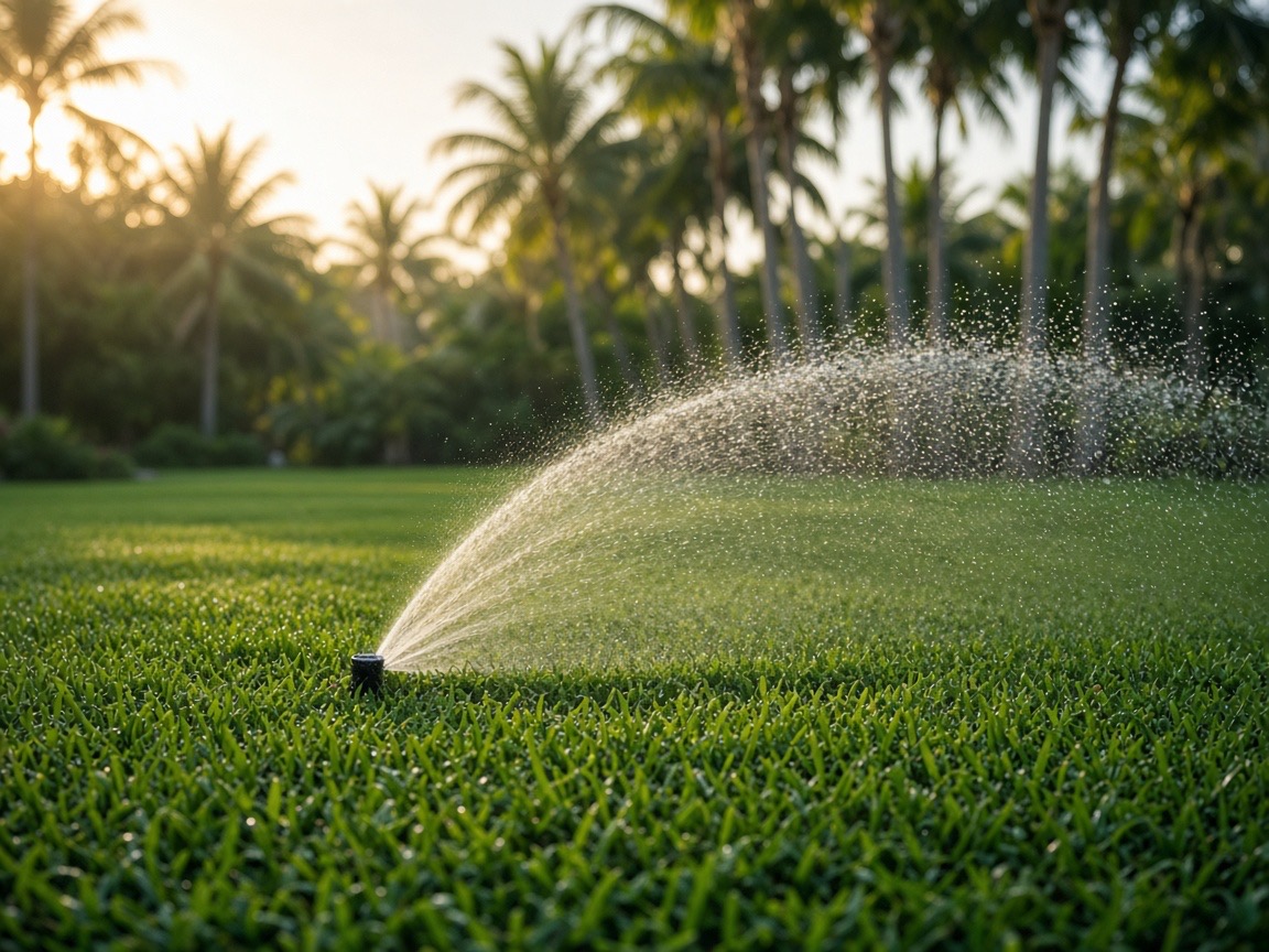A sprinkler arc over a lawn at sunrise, with palms beyond