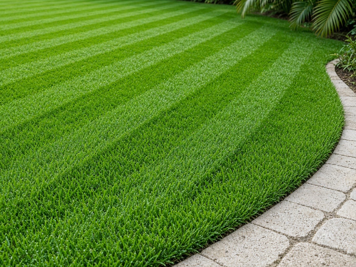 Freshly striped lawn with a clean edge along a stone border