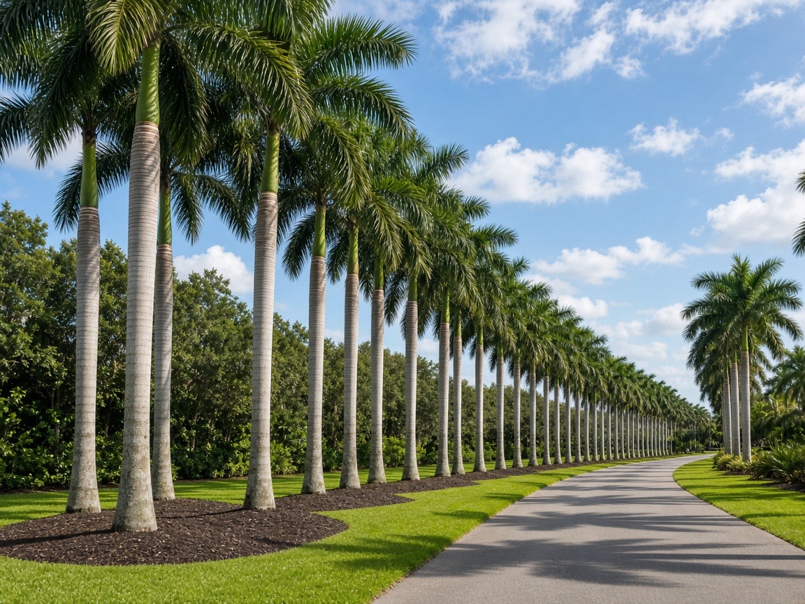 A row of royal palms along a curved drive