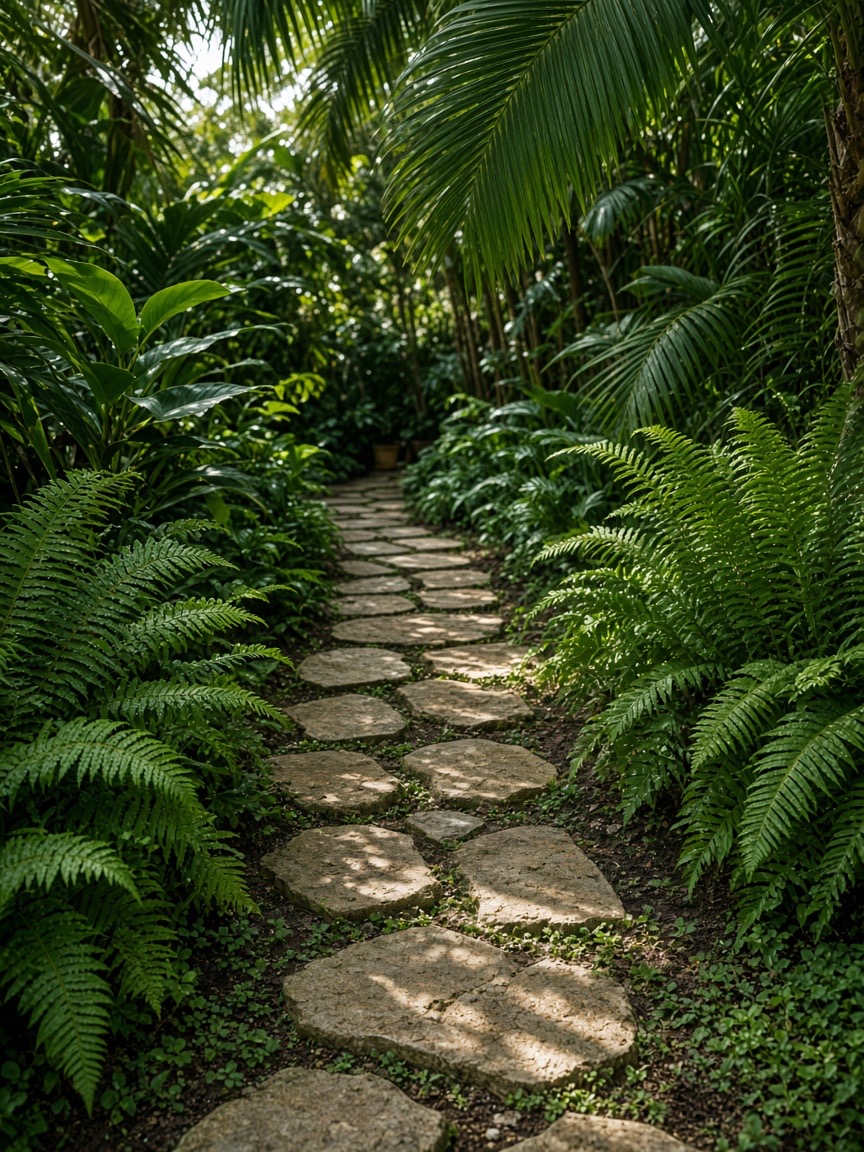 Stone stepping path through ferns and palms