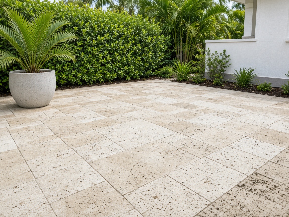 A clean limestone patio beside a clipped hedge and a potted palm